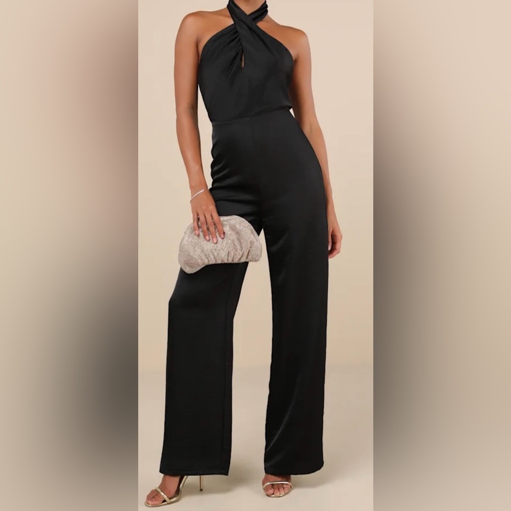 Lulu's Elegant Black Satin Backless Jumpsuit